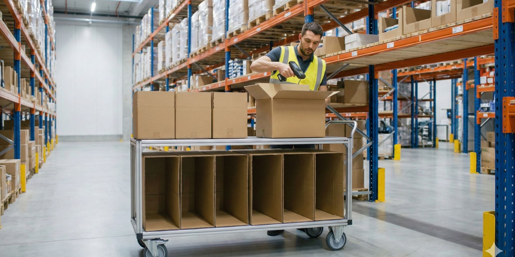 A warehouse worker scans an item and places it directly in an open shipping box on a picking trolley in a modern high-bay warehouse. This illustrates the pick-by-case process